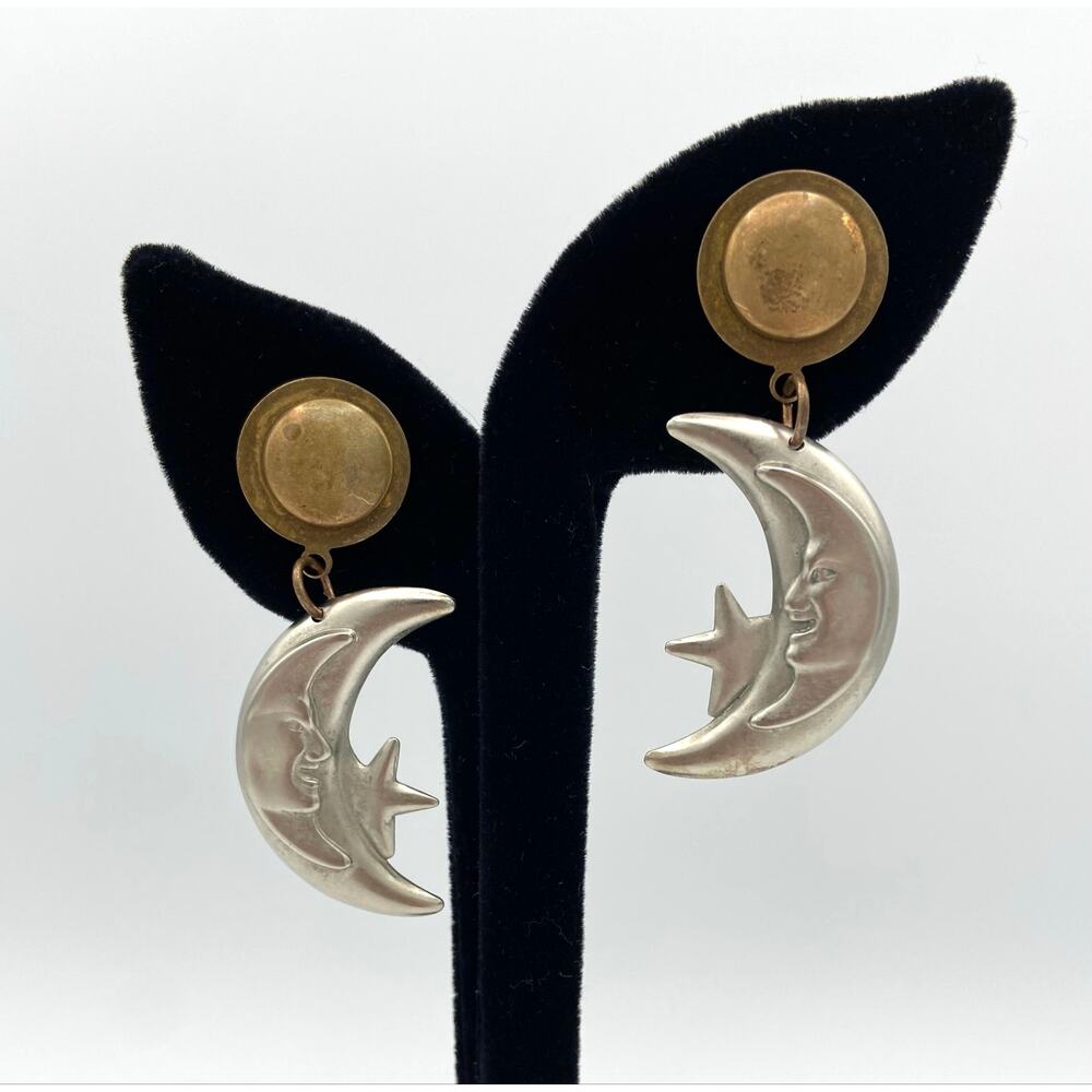 Vintage Man In The Moon Star Crescent Moon Dangle Earrings Celestial Two Tone
